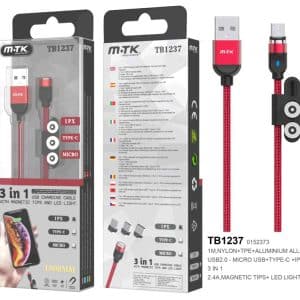 MOVETECK TB1237 Cable de datos magnetico 3en1 MicroUSB+IPX+Type-C rojo