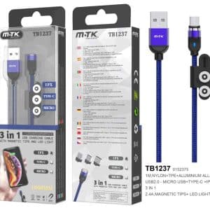 MOVETECK TB1237 Cable de datos magnetico 3en1 MicroUSB+IPX+Type-C azul