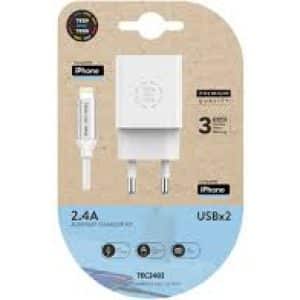 TECH1TECH TEC2402 Cargador completo Usb a Lightning 2.4A 2X Usb Blanc