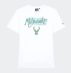 Camiseta manga corta Milwaukee Bucks "Script" de New Era en blanco