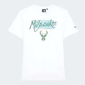 Camiseta manga corta Milwaukee Bucks «Script» de New Era en blanco