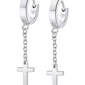 Pendientes Hombre Aros de Acero con Cruz colgando