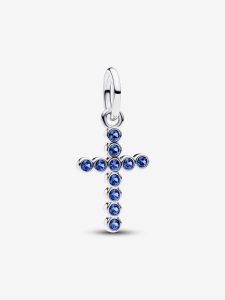 Colgante Cruz de plata con puntos de luz azules